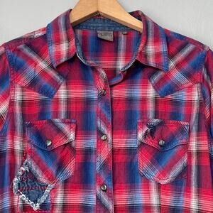 Southern Thread Fits Size M Plaid Pearl Snap Western Cowgirl Shirt Rodeo Country